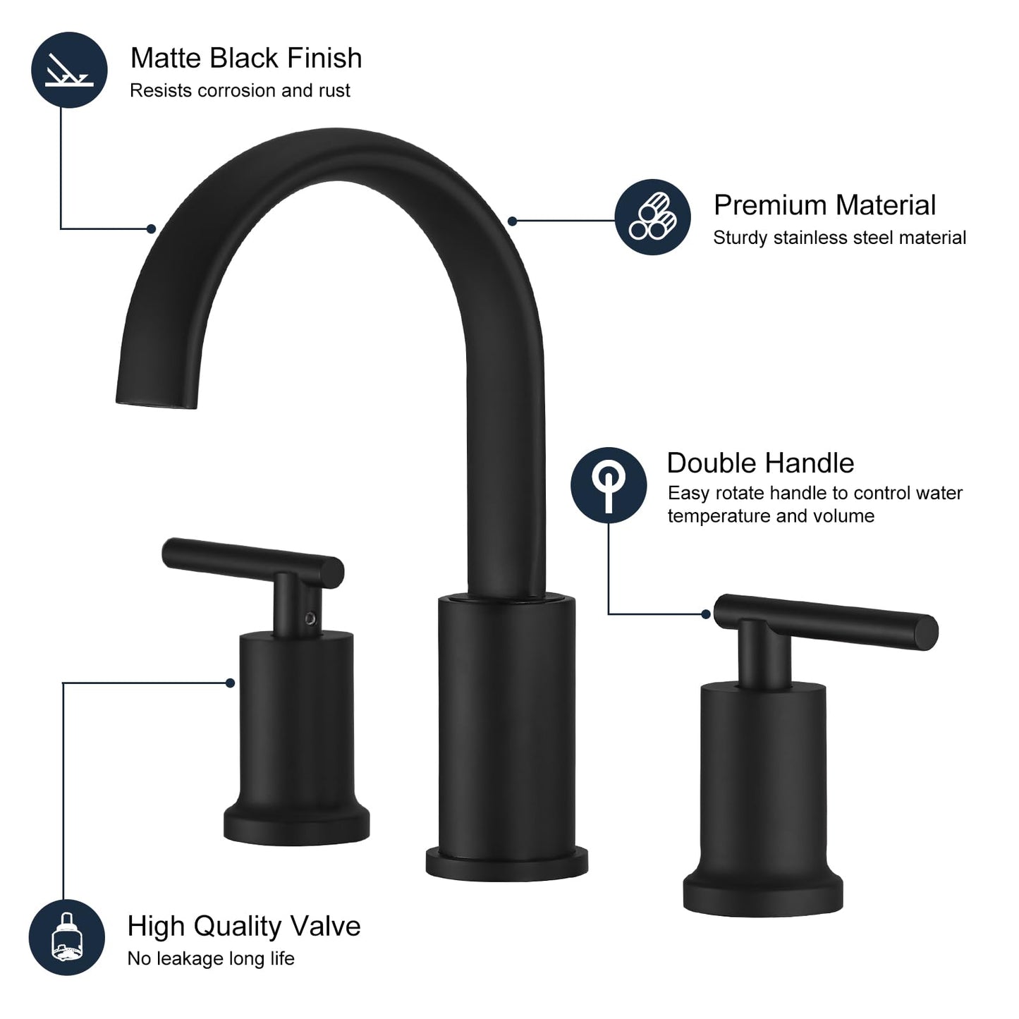 Kroias Matte Black Waterfall Bathroom Faucet 3 Hole, Widespread Two Handle Bathroom Sink Faucet Vanity Faucet, 8 Inch Bathroom Faucets for Sink with cUPC Supply Lines and Pop-Up Drain