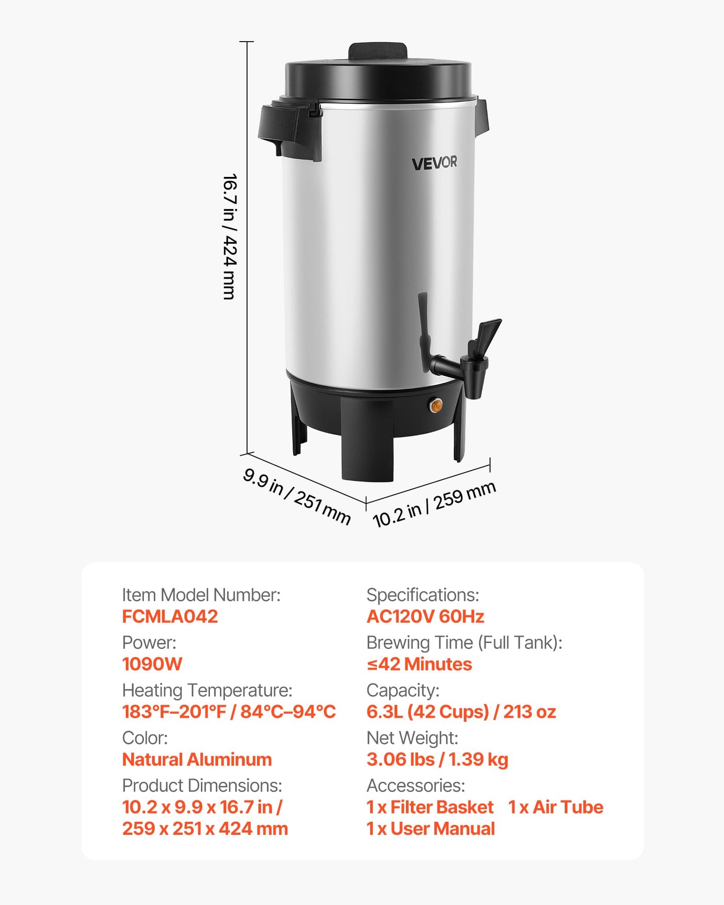 VEVOR Commercial Coffee Urn, 40 Cup 203oz Hot Beverage Dispenser with Dripless Faucet, 1090W Quick-Brewing Coffee Maker, Automatic Temperature Control, for Catering, Party, Church & Restaurant