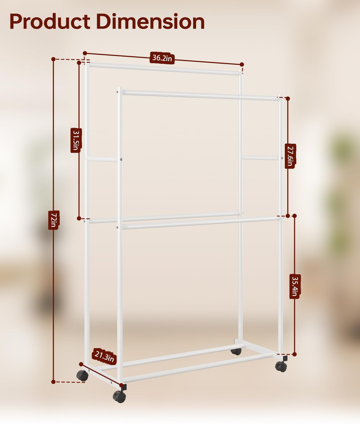 Heavy Duty Clothes Rack - 41.3" x 21.7" x 76.8", 4-Bar Double Rod Rolling Metal Clothing Rack for Hanging Clothes, Portable Garment Rack with Wheels for Bedroom Laundry, Closet Wardrobe, White