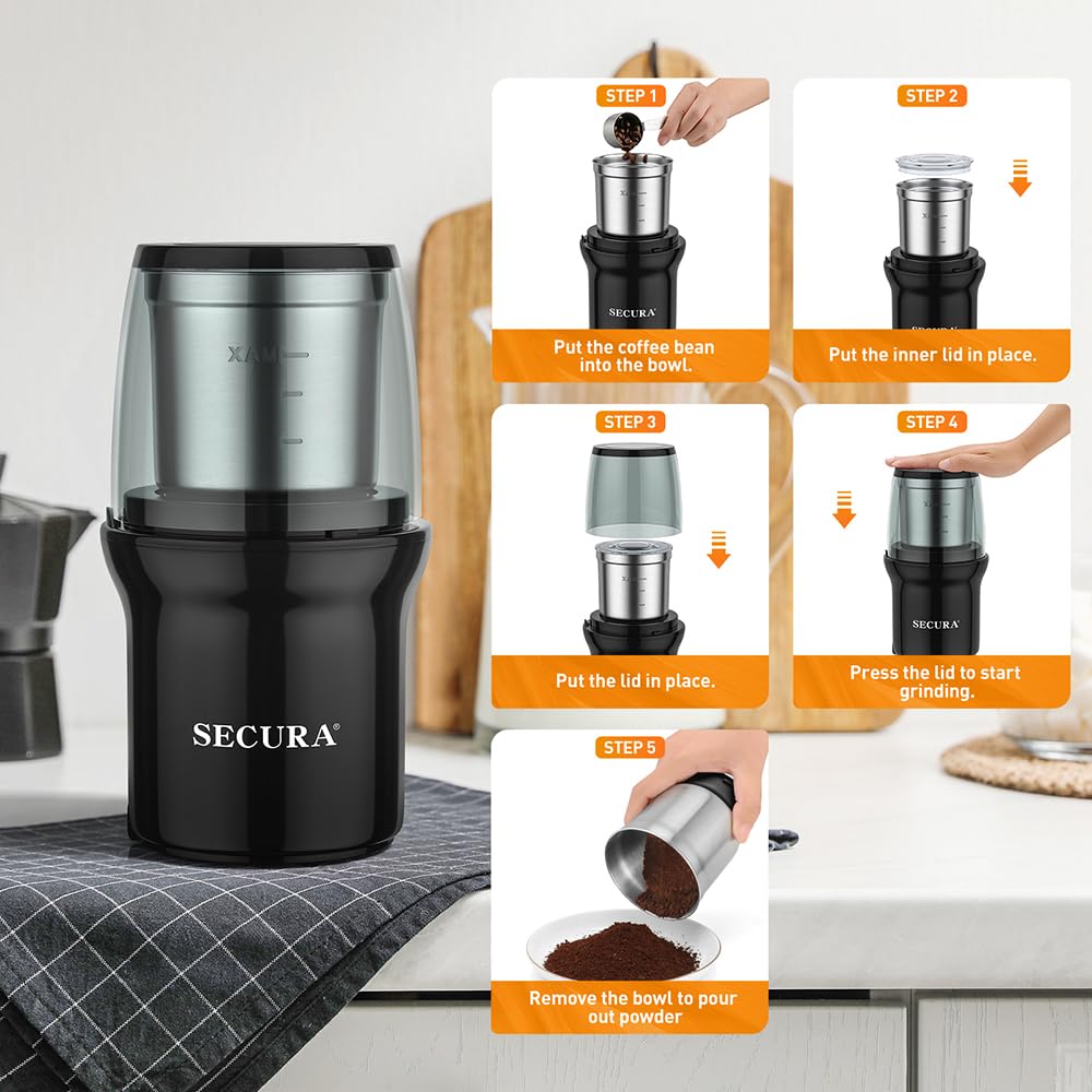 Secura Electric Coffee Grinder and Spice Grinder with Stainless Steel Blades, 2 Removable Bowls, Black