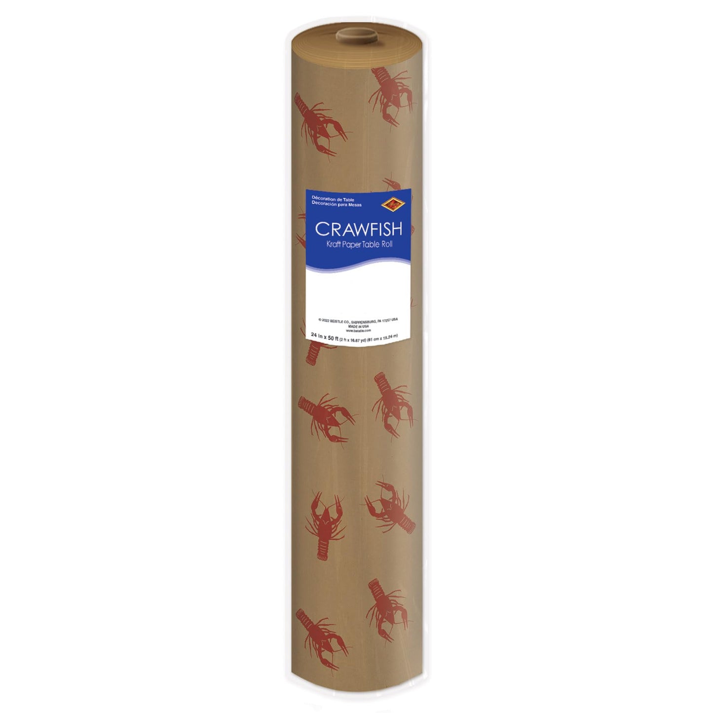 Beistle Crawfish Kraft Paper Table Roll – Brown with Random Red Crawfish Print for Southern-Themed Parties, Rustic Seafood Boils and Cajun Celebrations, Mardi Gras Party Table Cover, 24” x 50’