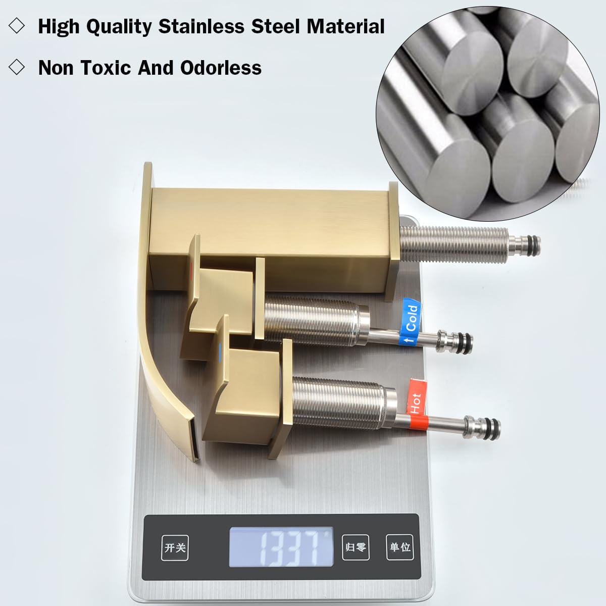 RANDOM Waterfall Bathroom Sink Faucet Brushed Gold 2 Handles 3 Holes SUS304 Stainless Steel Modern Vanity Faucet with Pop up Sink Drain Stopper and cUPC Water Supply Hoses