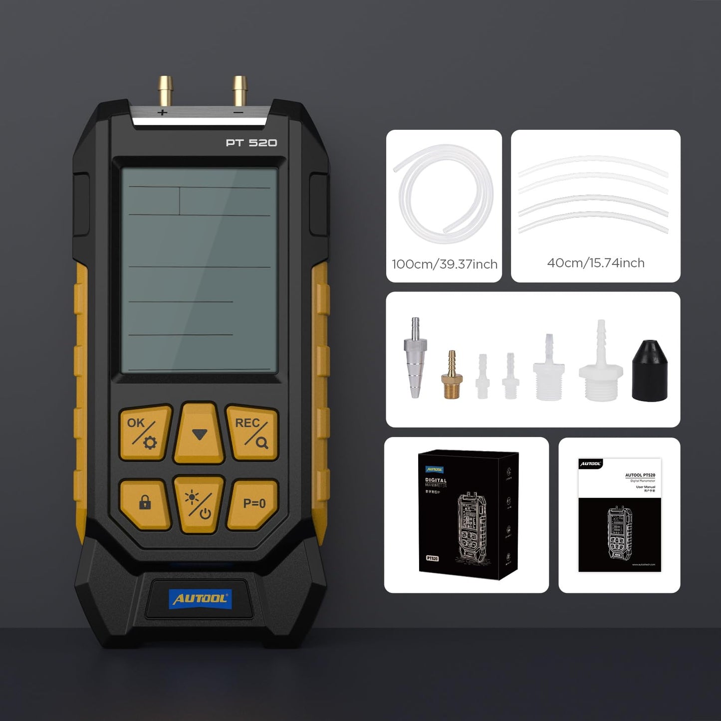 AUTOOL Manometer Gas Pressure Tester,Digital Manometer HVAC,10 Units Differential Dual Port Pressure Gauge -100 to 200Kpa,Data Zeroing with Backlight LCD Display
