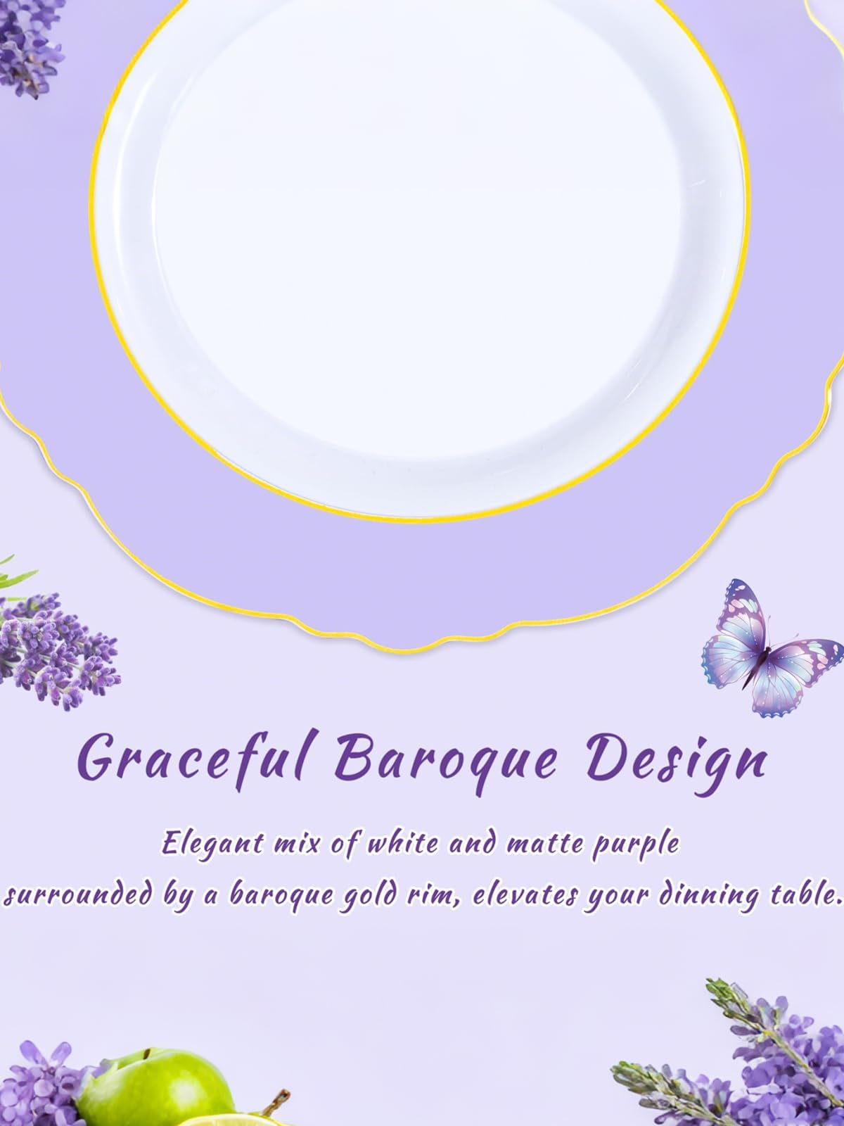 WDF 150Pcs Purple Plates Disposable - Baroque Lavender Purple and Gold Plates - 25Guest Plastic Dinnerware Ideal for Wedding/Party/Birthday/Bridal Shower