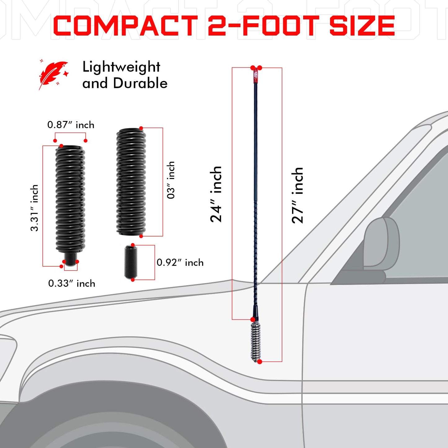 Prostick 2` Foot Fiberglass 1000 Watt - Black CB Radio Antenna with Heavy Duty Stainless Steel Spring