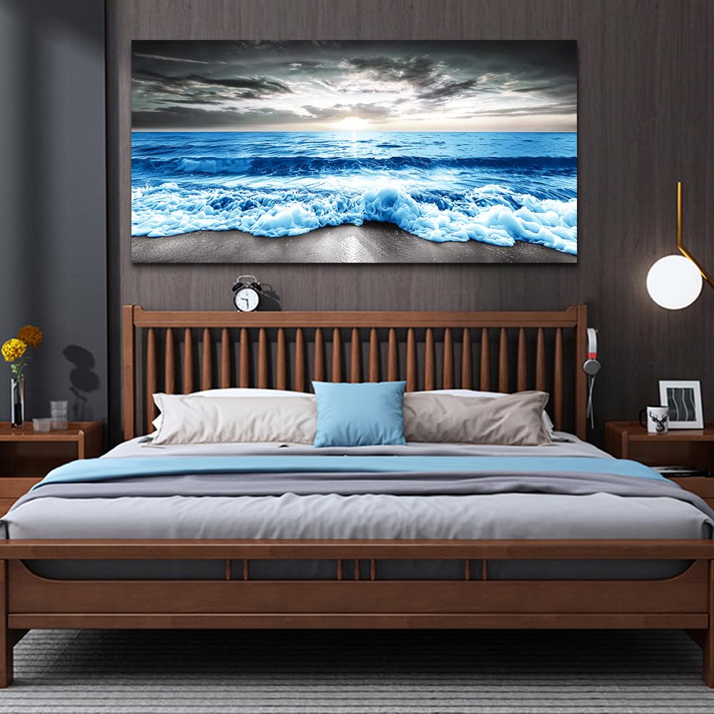 MHARTK66 Wall Art For Living Room Large Wall Decor For Office Modern Bedroom Wall Decor Blue Beach Sun Ocean Landscape Canvas Prints Wall Paintings Seascape Framed Pictures Artwork Home Decor 40x20