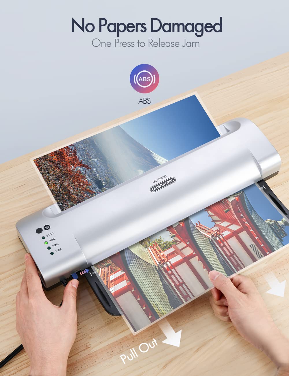 SINOPUREN 13-Inch Thermal & Cold Laminator Machine, Quick Warm-Up, 3 Temp Settings, Jam-Free ABS, Built-in Paper Trimmer & Corner Rounder, 10 Laminating Pouches, for Home Office School