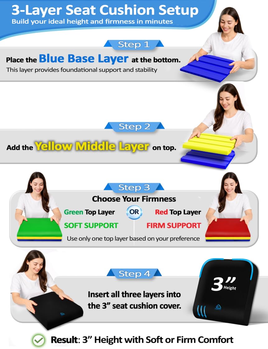 Adjustable Memory Foam Seat Cushion, Custom Height & Firmness, Ergonomic Office Chair Cushion for Back, Coccyx, Sciatica & Tailbone Pain Relief – Ideal for Office Chair, Car Seat, Wheelchair, Recliner