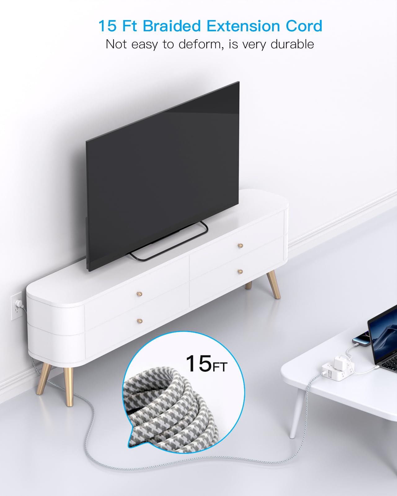 Surge Protector Power Strip 15 Ft Long Cord, Extension Cord 15 Feet with 8 Outlets 4 USB Ports(2 USB C), Flat Plug, Desk Charging Station for Home Office College Dorm Room Essentials