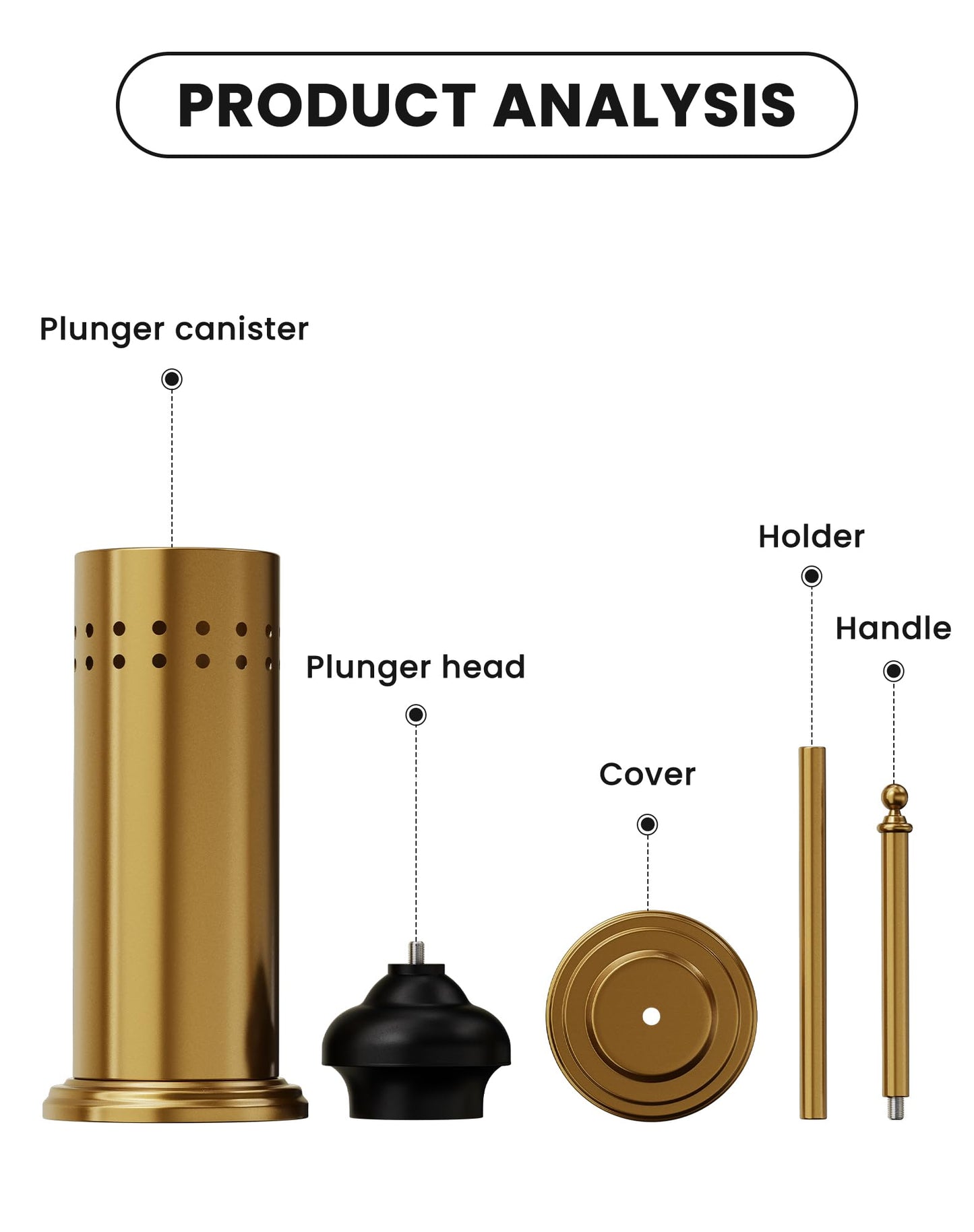DOWRY Anti-Hand Off Toilet Plunger with Holder for Bathroom,Powerful Efficient Force Suction Cup,Heavy Duty, Deep Cleaning, Gold