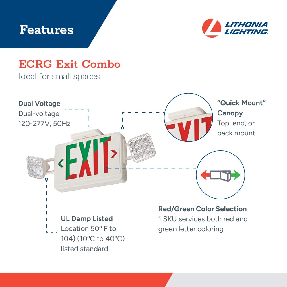 Lithonia Lighting ECRG Basics LED Exit Sign/Emergency Light Combo, Red/Green Switchable Exit Sign and Emergency Lights for Business, 2-Head Fixture, Square Lamp Heads, White (ECRG SQ M6)