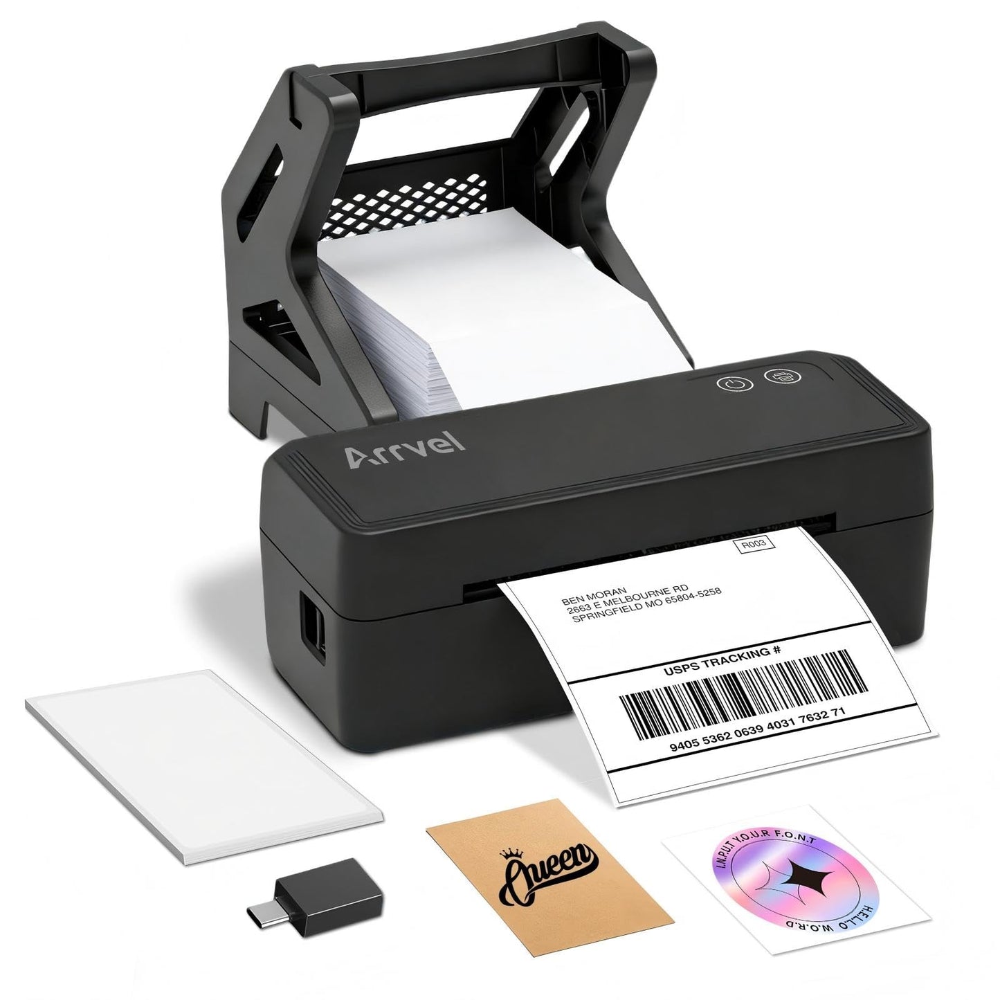 Arrvel Bluetooth Thermal Label Printer with Stand, Wireless 4x6 Shipping Label Printer for Small Business, Inkless Print for USPS Amazon Etsy Shopify, Support iPhone Android Windows Mac (Black)