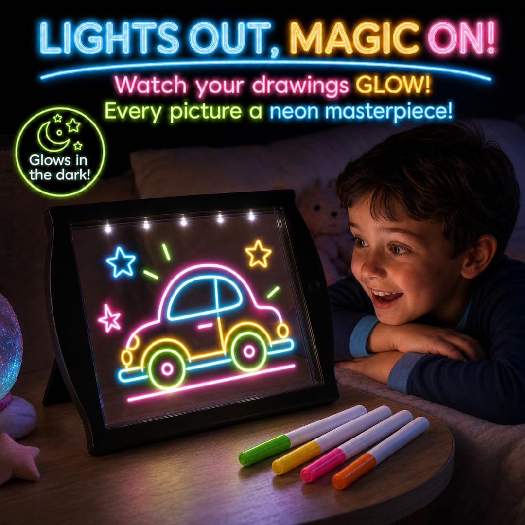 Marvin's Magic - Glow Art Unique Craft Kit | Light Up Kids Art Set | Includes Neon Effect Drawing Board with A Built-in Stand and 4 Fluorescent Magic Pens - Black