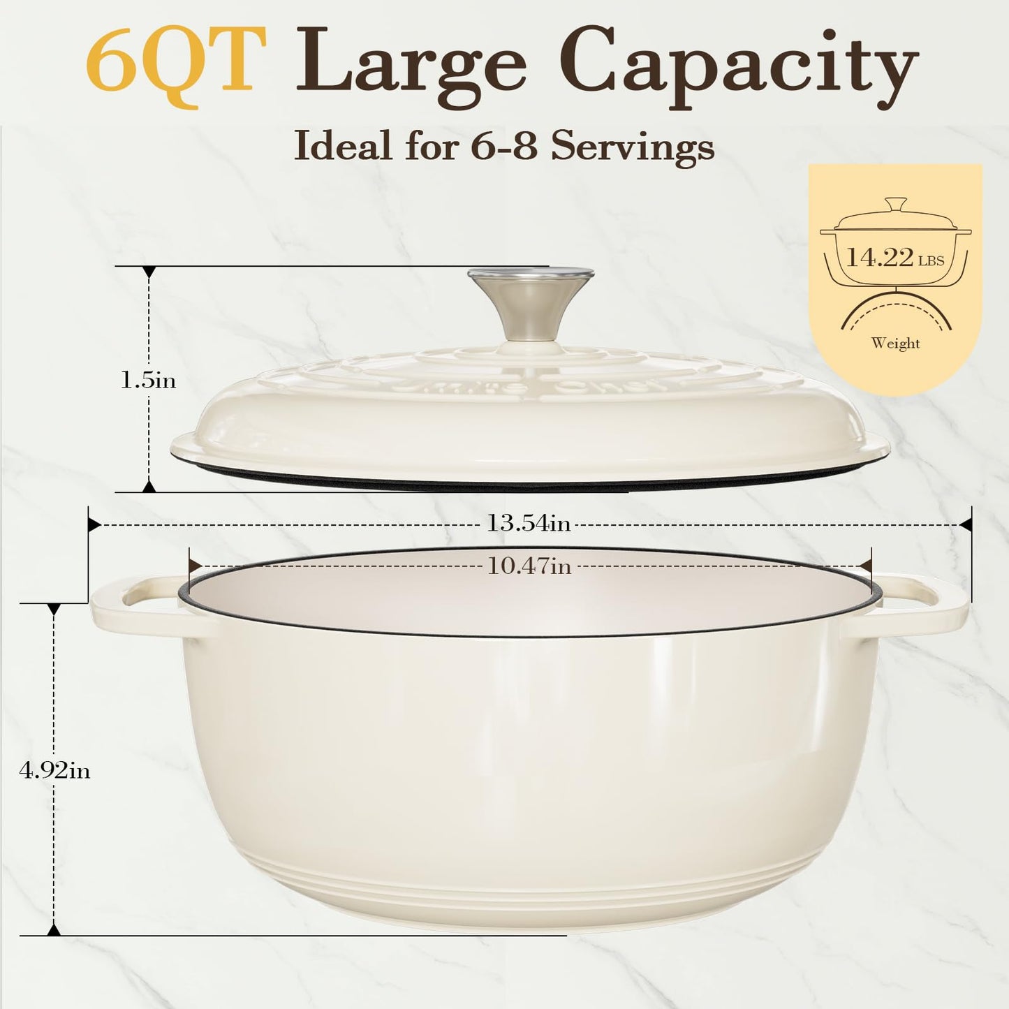 Umite Chef 6QT Enameled Cast Iron Dutch Oven with Lid, Versatile Heavy-Duty Cookware Pot for Baking Bread, Braising, Soups & Stews, Oven & Stovetop Safe with Heat Resistant Gloves（Cream White）