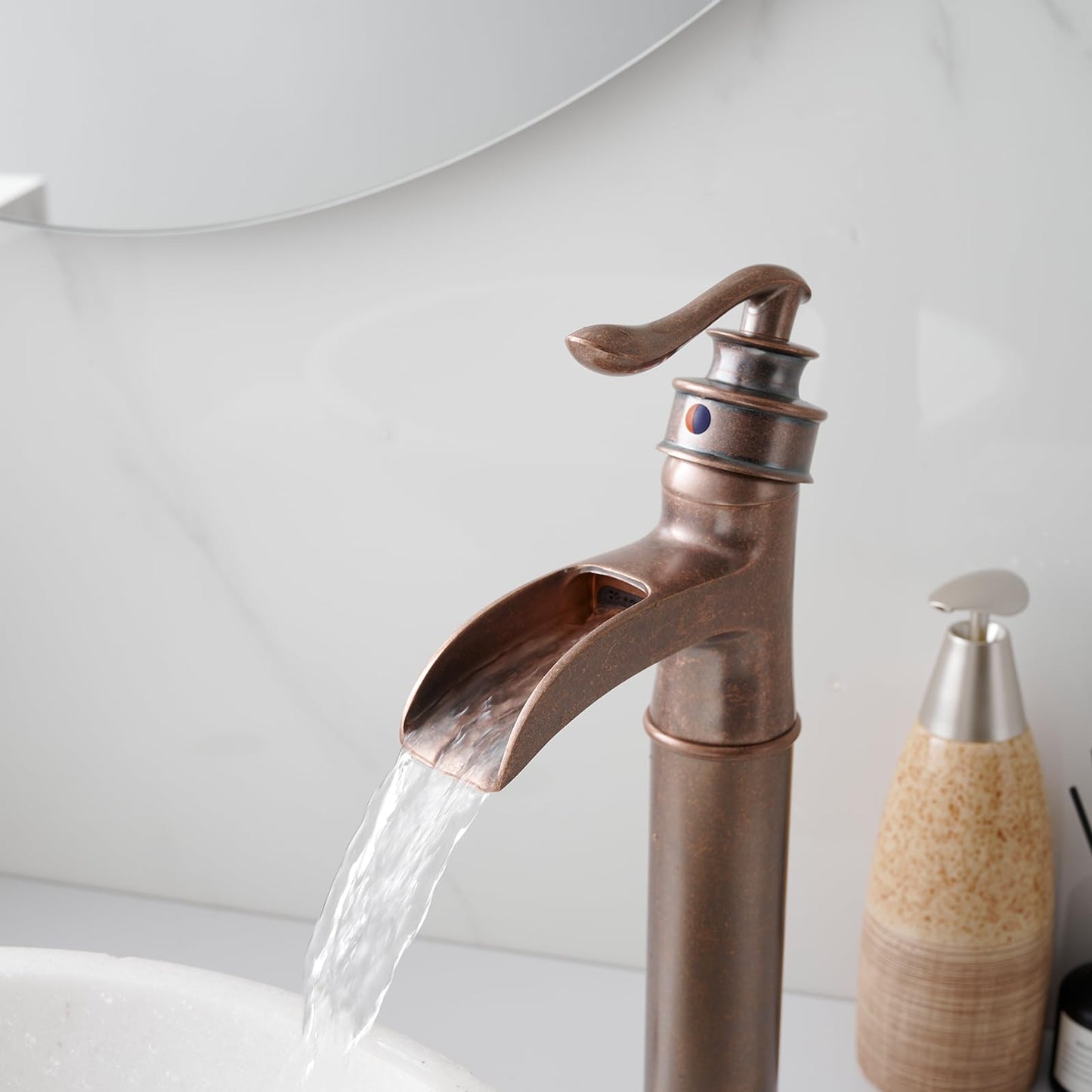 BWE Vessel Sink Faucet Waterfall Antique Copper Single Hole with Pop Up Drain Stopper Without Overflow and Supply Lines One Handle Vanity Basin Bath Sink Mixer Tap