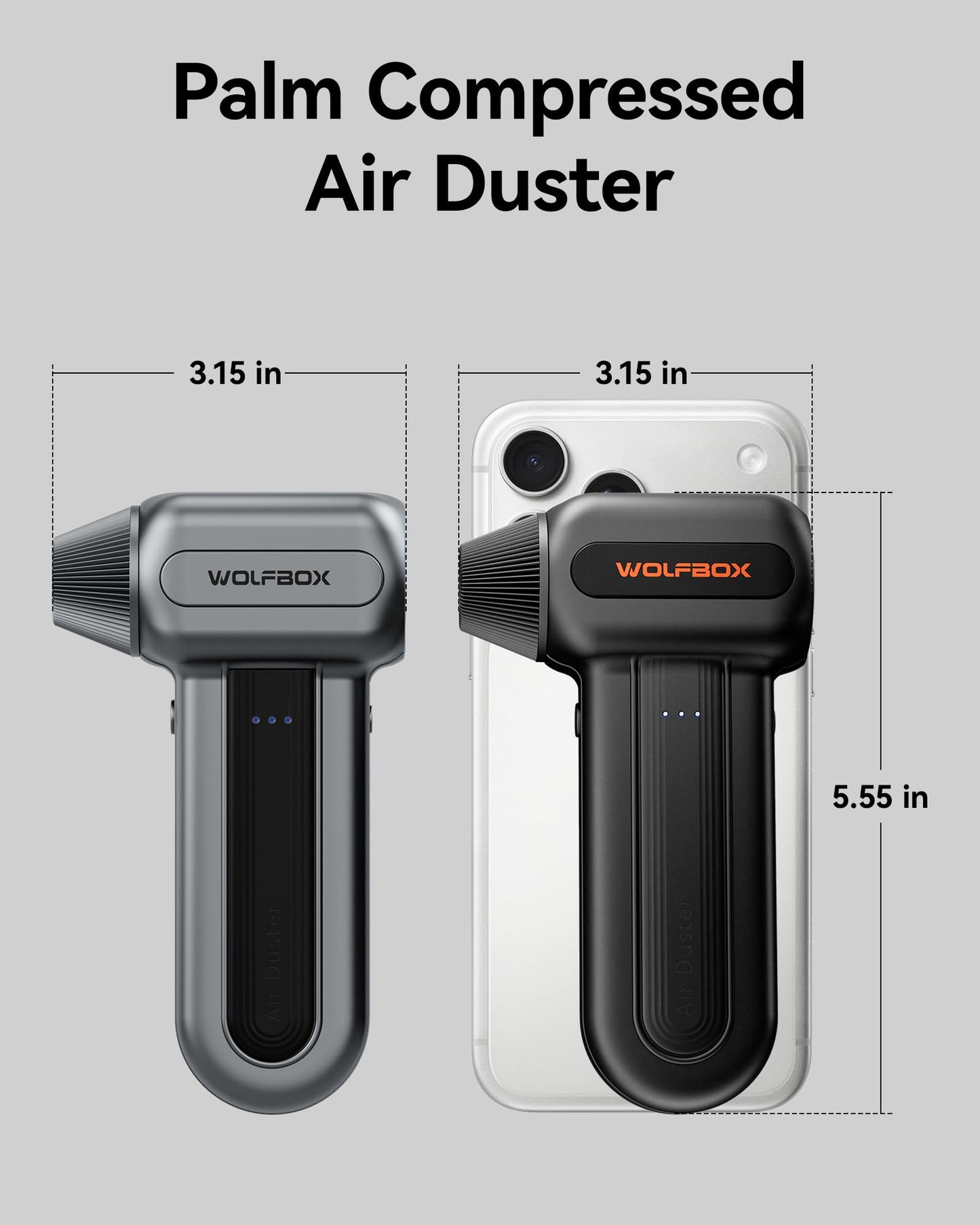 WOLFBOX MF60&MF70 Compressed Air Duster-110000RPM Super Power Electric Air Duster, 3-Speed Adjustable Rechargeable Cordless Air Blower with Fast Charging for PC Keyboard Cleaning, Car, Home (Gray)