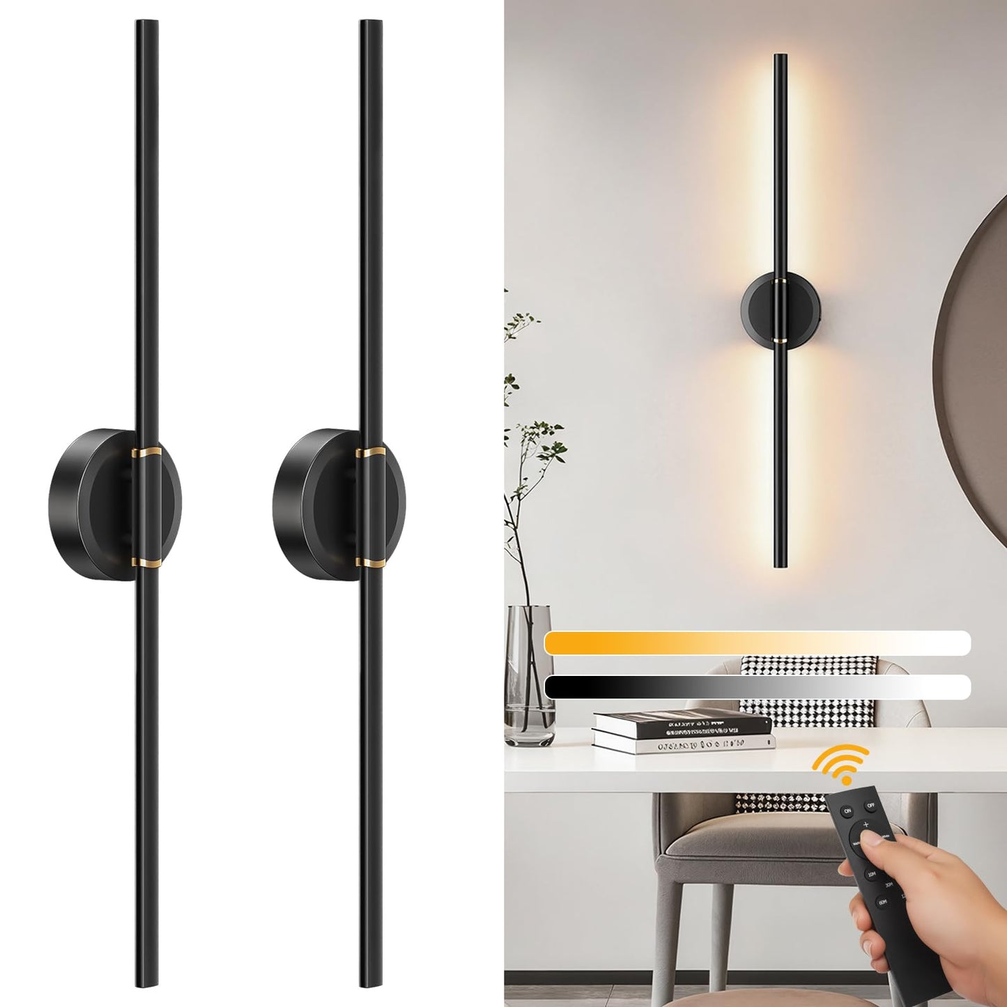DEALGADGETS Battery Operated Wall Sconces Set of 2, Dimmable 6000mAh Rechargeable Wall Lights, LED Wall Lamp with Remote Control