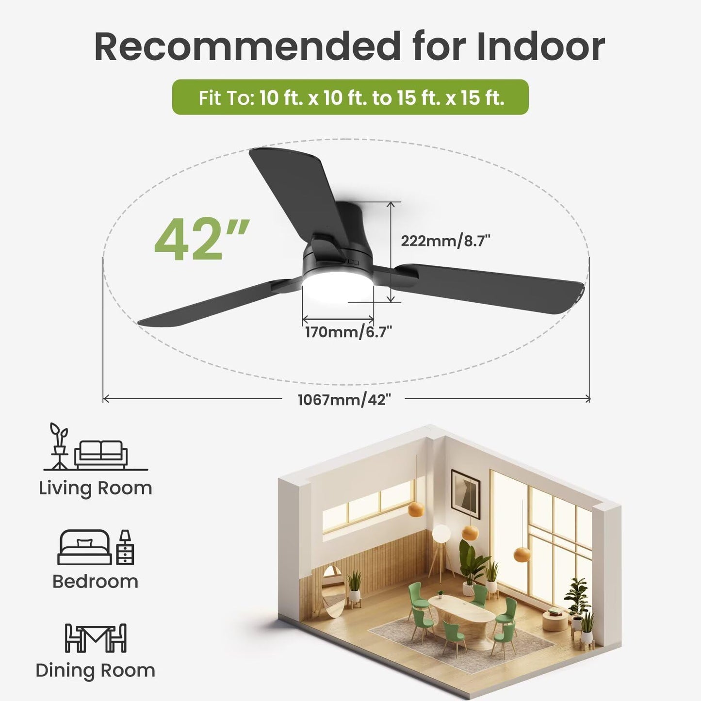 OSTIVE Ceiling Fans with Lights and Remote: 42 Inch Modern Black Ceiling Fan, Low Profile Flush Mount, Quiet Reversible DC Motor & 3CCT Dimmable LED for Bedroom Living Room Kitchen Indoor Outdoor