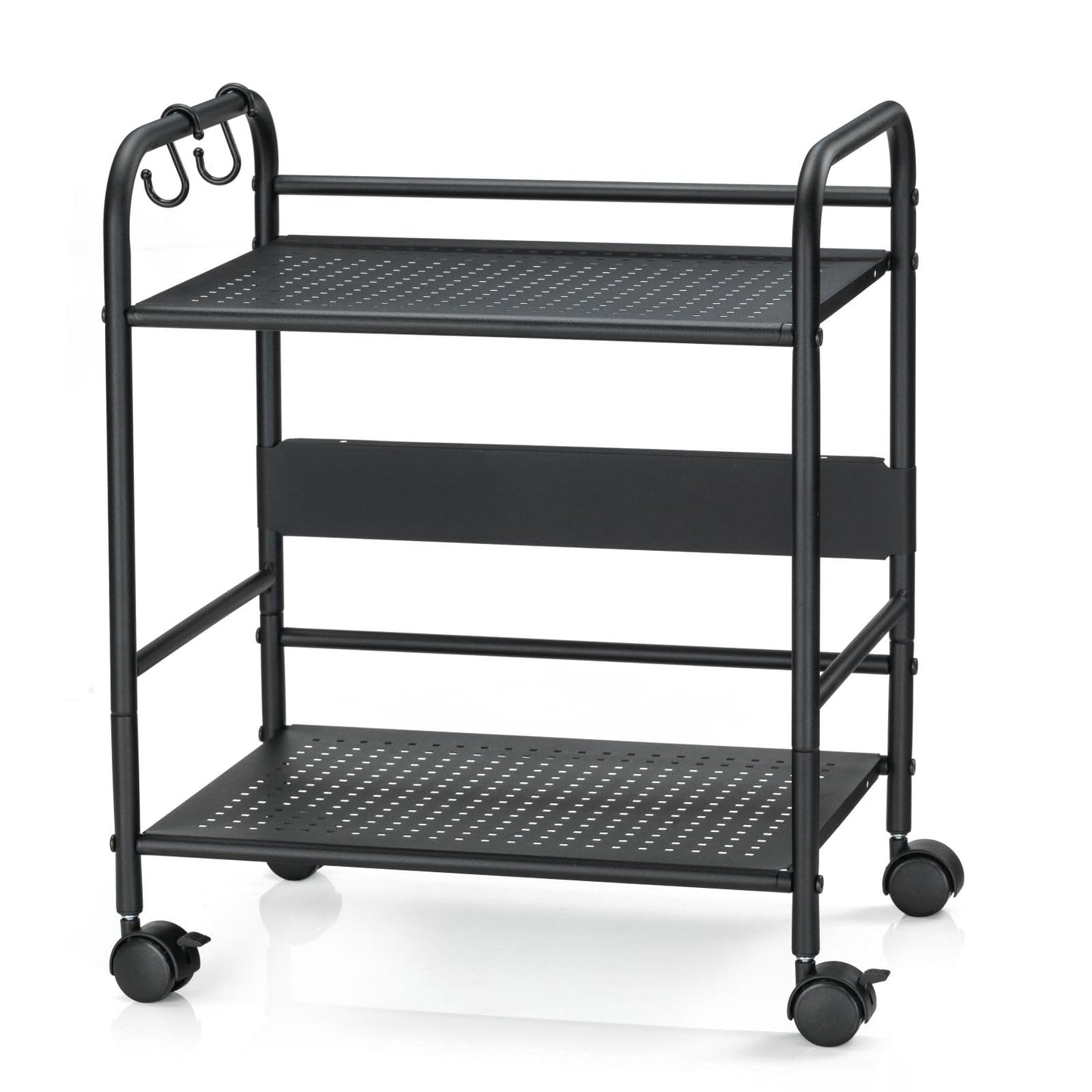FORSTORAGE 2-Tier Metal Rolling Cart, Under Desk Storage with 12.2" Shelf Clearance, Anti-Drop Guard & Hooks, Compact Utility Cart for Kitchen, Office, Laundry, Bathroom, Pantry, Living Room - Black