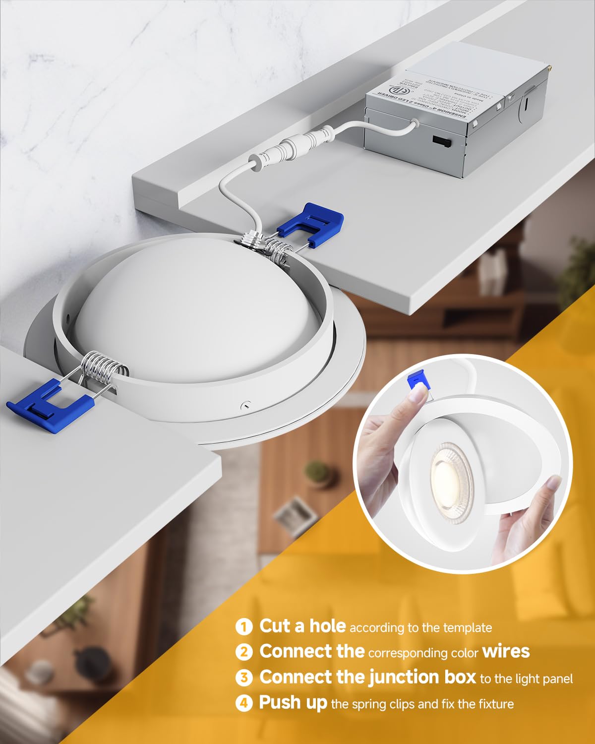Ensenior 6 Pack 4 inch 5CCT LED Gimbal Led Recessed Light with Junction Box, 360°+90° Adjustable Directional Eyeball Lighting, Dimmable, 2700K/3000K/3500K/4000K/5000K, 950LM, 10W=85W-ETL&FCC