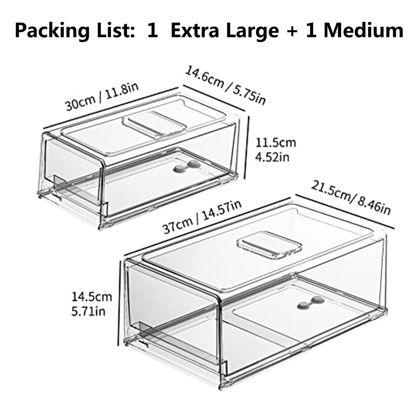 YekouMax Pantry Organizers and Storage Bins, Refrigerator Organizer, Plastic Stackable Storage Bins with Drawers, Pull-Out Cabinet Containers for Fridge Kitchen Office (2 PACK, Extra Large & Medium)