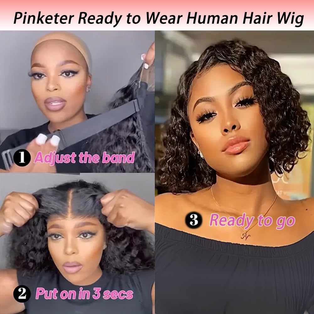 Wear and Go Bob Wig Human Hair Deep Wave Glueless Wigs Pre Plucked Pre Cut 4x4 Lace Closure 180% Density Ready to Wear Bob Wigs for Black Women Beginner Friendly (Curly Bob Wig, 12inch)