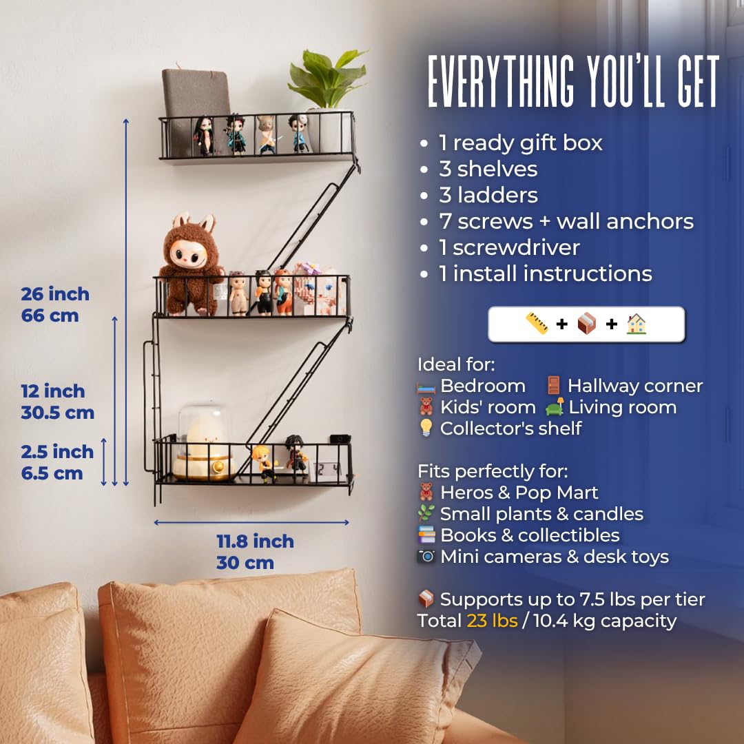 KOTIJOKI Fire Escape Wall Shelf - New York Metal Decorative Shelf with Screwdriver & Screws, Rustic Wall Shelves for Bedroom, Home Décor, Action Figure Display (3-Tier Black Floating Shelves)