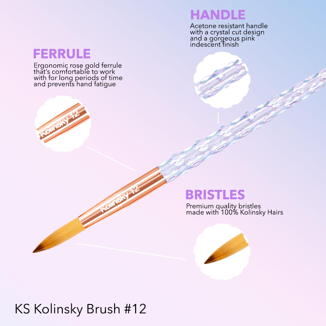 Kiara Sky 100% Pure Kolinsky Acrylic Brush, Crystal Cut Handle and Acetone Resistant #12 - Clear
