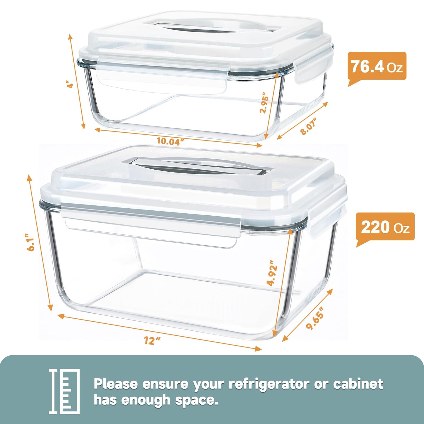 KOMUEE 2 Pack 220oz+76.4oz Extra Large Glass Food Storage Containers Set with Airtight Lids, Big Glass Meal Prep Containers, Ideal for Storing Rotisserie Chicken, Lasagna,Salads, Leak-proof & BPA-Free