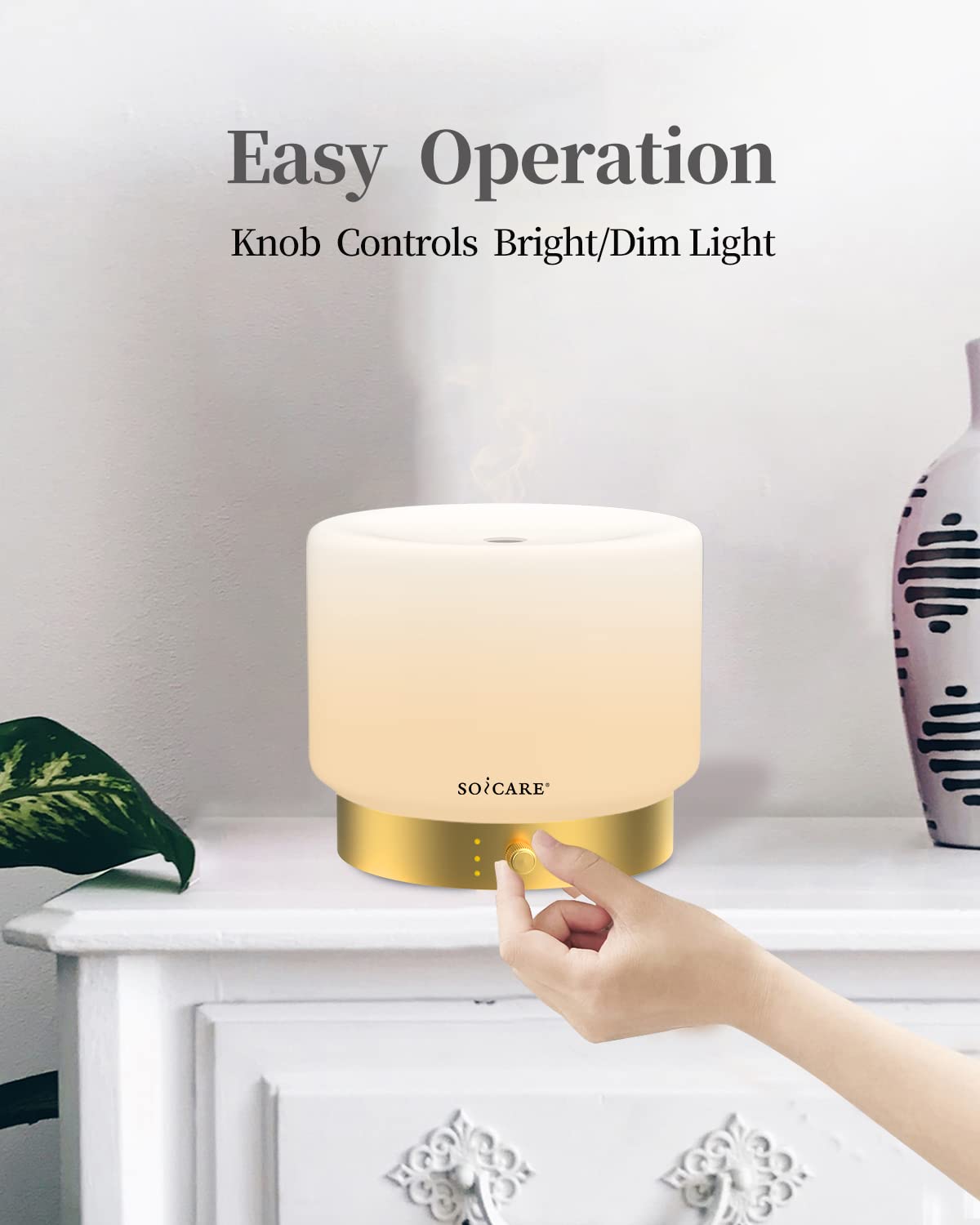 SOICARE Glass Diffuser with Luxury Alloy Base(Gold), All-in-one Room Decor Aromatherapy Oil Diffusers for Essential Oils, Air Scent Essential Oil Diffuser Humidifier,Dimmable Warm Light (280ML)