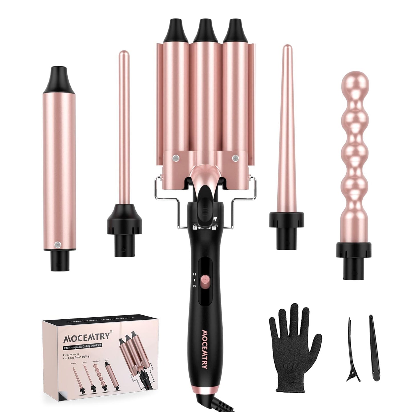MOCEMTRY 5 in 1 Curling Wand Set with 3 Barrel Hair Crimper for Women，Fast Heating Hair Wand Curler with Two Temp Control. (C528)