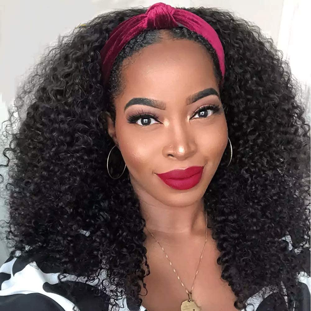 Nadula Hair Afro Kinky Curly Half Wigs Human Hair for African American Women, 100% Virgin Human Hair Headband Curly 3/4 Half Wigs Glueless Wear and Go Beginner and Friendly 180% Density 16 Inch