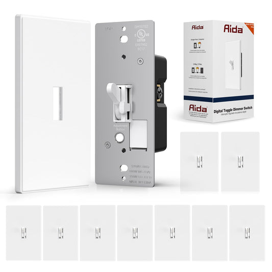 AIDA Digital Toggle Dimmer Switch for Dimmable LED, CFL & Incandescent Bulbs, Single Pole/3-Way, Screwless Wall Plate Included, UL Listed, No Neutral Wire, Matte White (10 Pack)