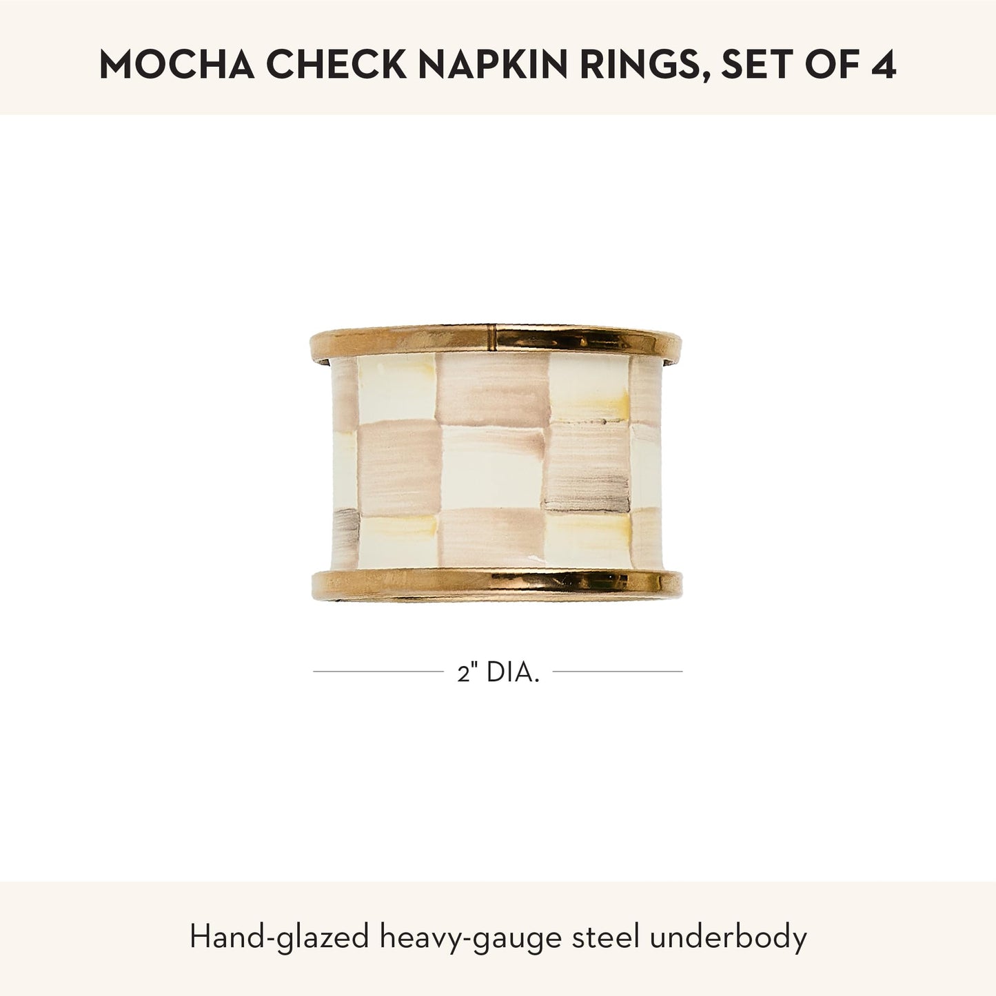 MACKENZIE-CHILDS Set of 4 Enamel Napkin Rings, Napkin-Holder Ring Set for Cloth Napkins, Brown-and-White Mocha Check