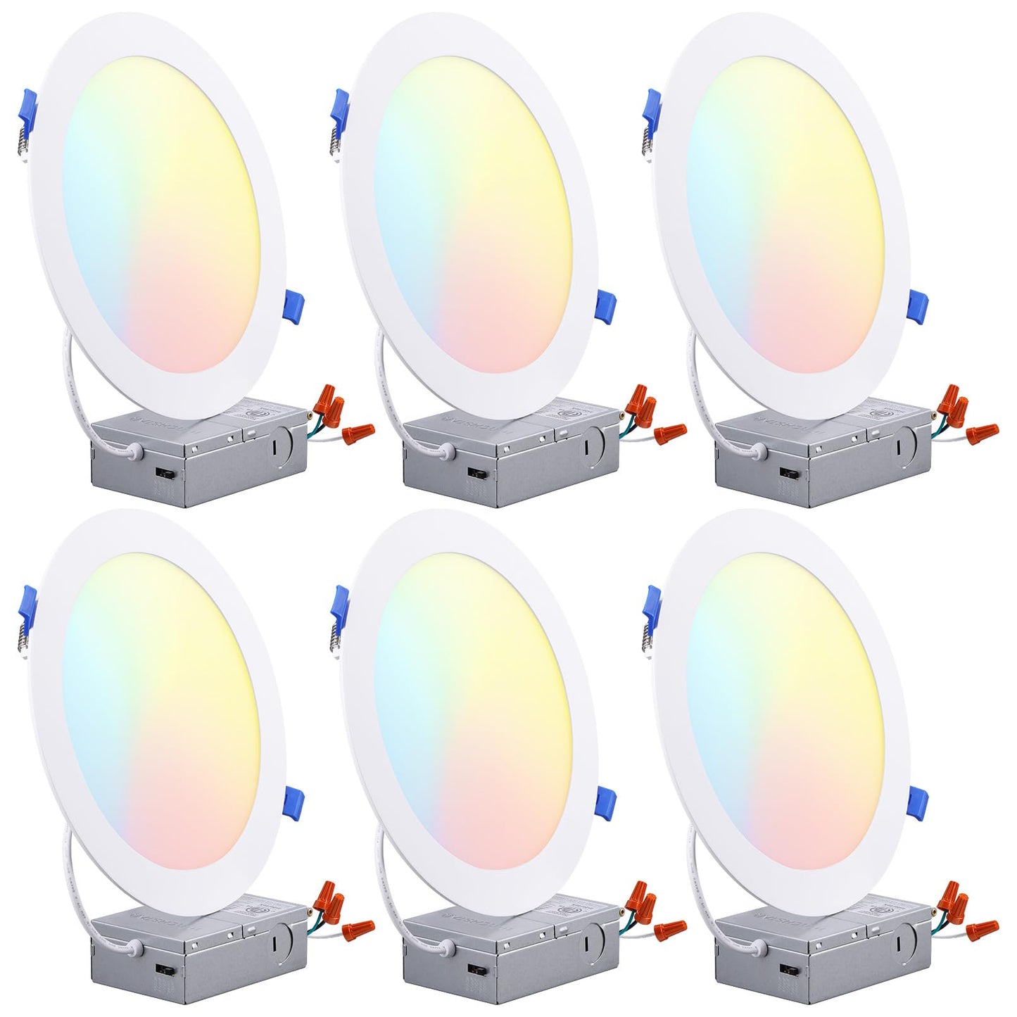 TORCHSTAR 8 Inch 5CCT Ultra-Thin LED Recessed Ceiling Light with Junction Box, CRI90, 27003000350040005000K Selectable, 18W Dimmable Slim Canless Wafer Downlight, ETL & ES & FCC, Pack of 6