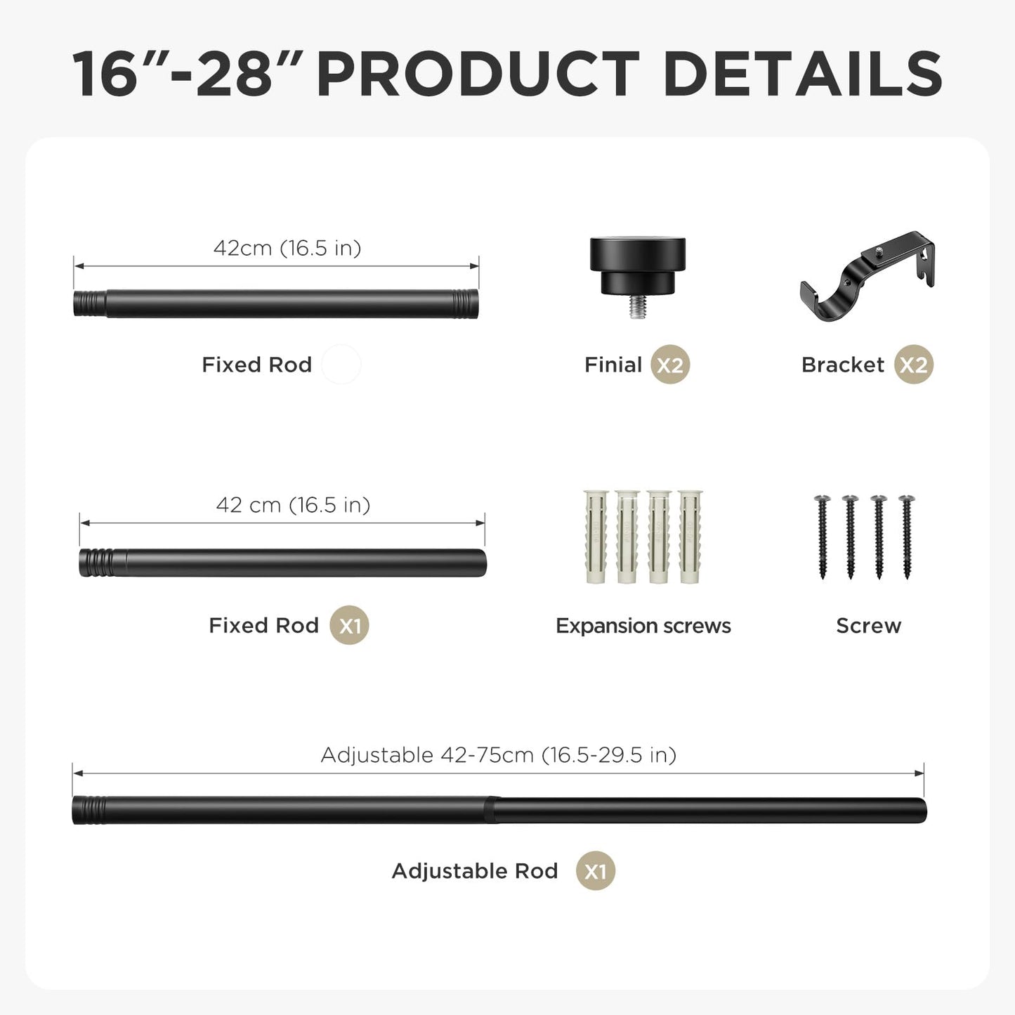 Joydeco Curtain Rods for Windows, Adjustable Black Curtain Rods 16 to 120 inches, 1 inch Diameter Heavy Duty Decorative Window Single Rod Set with Aluminium Finials