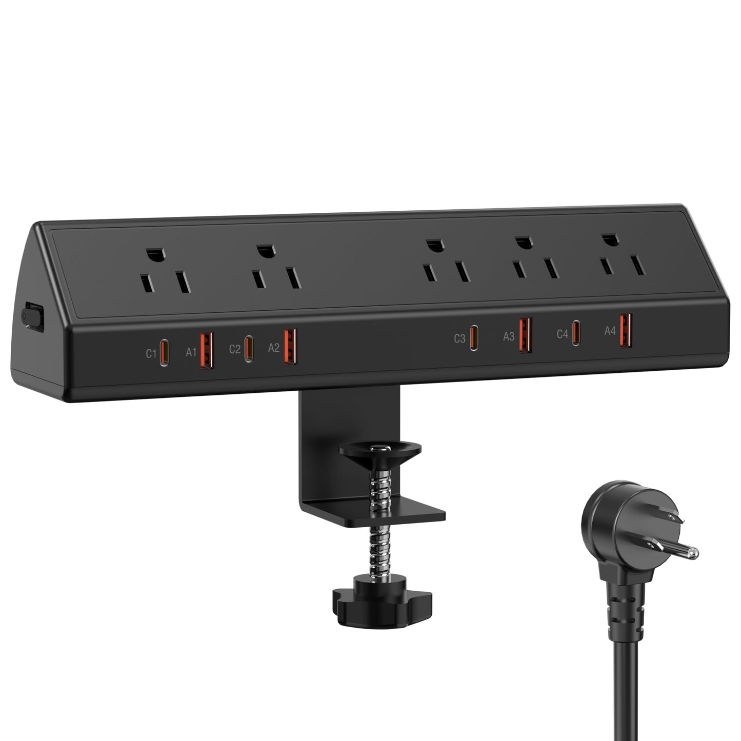 Desk Clamp Power Strip 65W Fast Charging Station,4 PD USB-C,5 Outlets,Nightstand Desk Edge Mount Tower Surge Protector,15 Amp Heavy Duty Power Strip,Fits 1.96" Tabletop Edge (Black, 6 FT Cable)