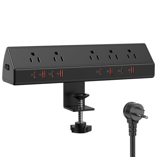 Desk Clamp Power Strip 65W Fast Charging Station,4 PD USB-C,5 Outlets,Nightstand Desk Edge Mount Tower Surge Protector,15 Amp Heavy Duty Power Strip,Fits 1.96" Tabletop Edge (Black, 6 FT Cable)