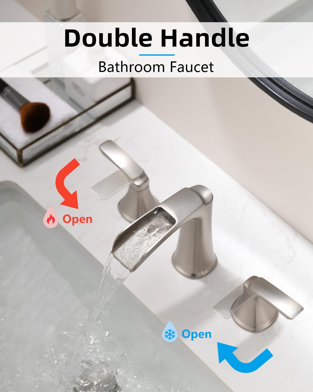 Fapully Brushed Nickel Bathroom Faucet 3 Hole, Waterfall 8 Inch Widespread Bathroom Sink Faucet with Pop-up Drain, Two-Handle Faucet for Bathroom Sink