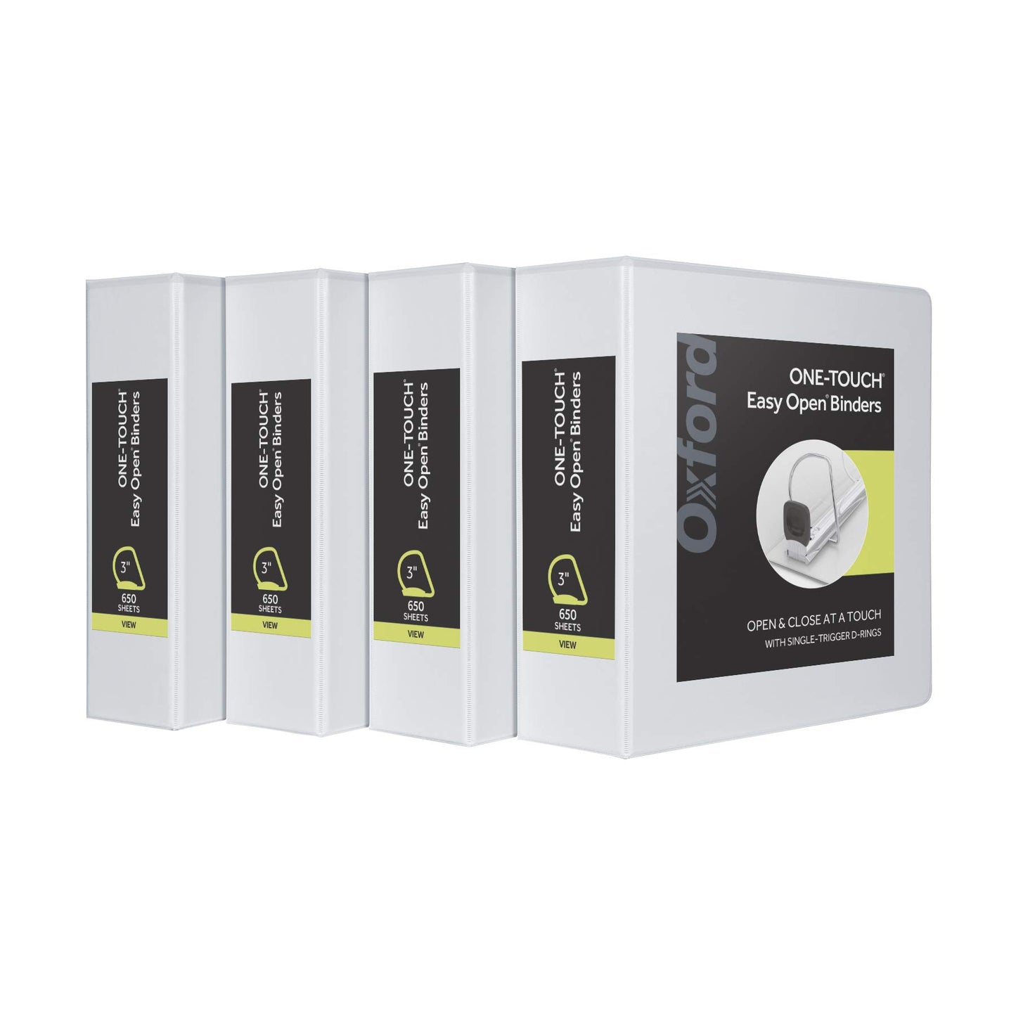 Oxford 3 Ring Binders, Binders for School and Office, 3 Inch ONE-Touch Easy Open D Rings, 3-Sided View Binder Covers, Xtralife Hinge, Non-Stick, PVC-Free, White, 650-Sheet Capacity, 4 Pack (79915)
