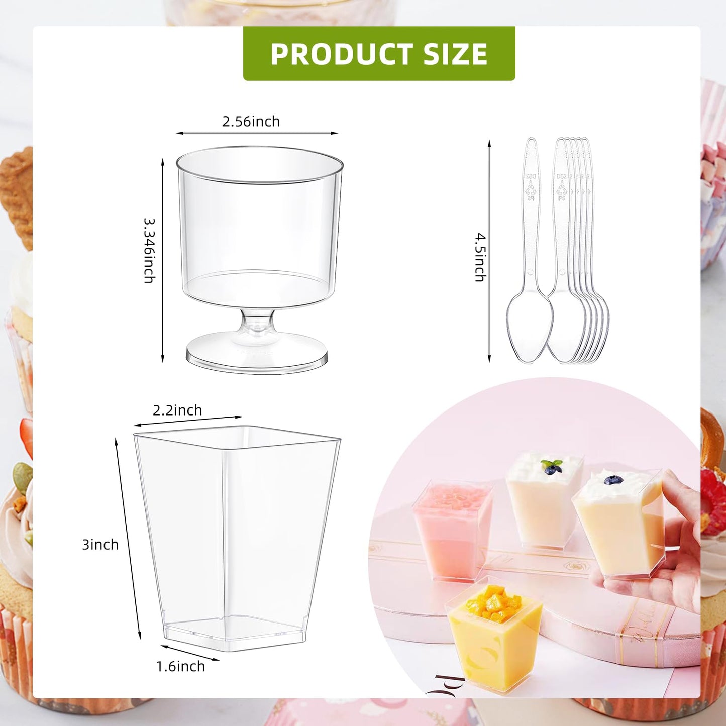 200Pcs Dessert Cups with Spoons 100Pc 5 OZ Mini Clear Plastic Appetizer Parfait Cup 100 Spoon Small Fruit Mousse Pudding Serving Bowl Trifle Desert Shooter for Party Square Glasses Round Goblet