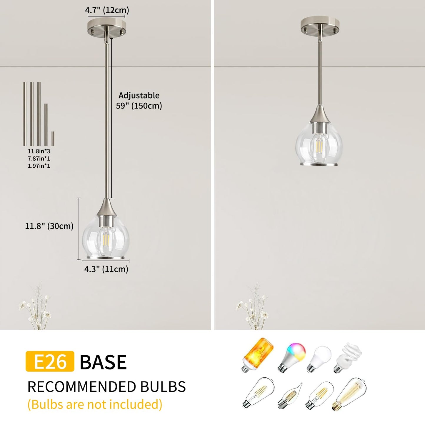 Zoaklighen 1-Piece Brushed Nickel Island Light for Kitchen, 1-Light Brushed Nickel Hanging Pendant Light with Clear Round Glass Shade for Dining Room,Bedroom