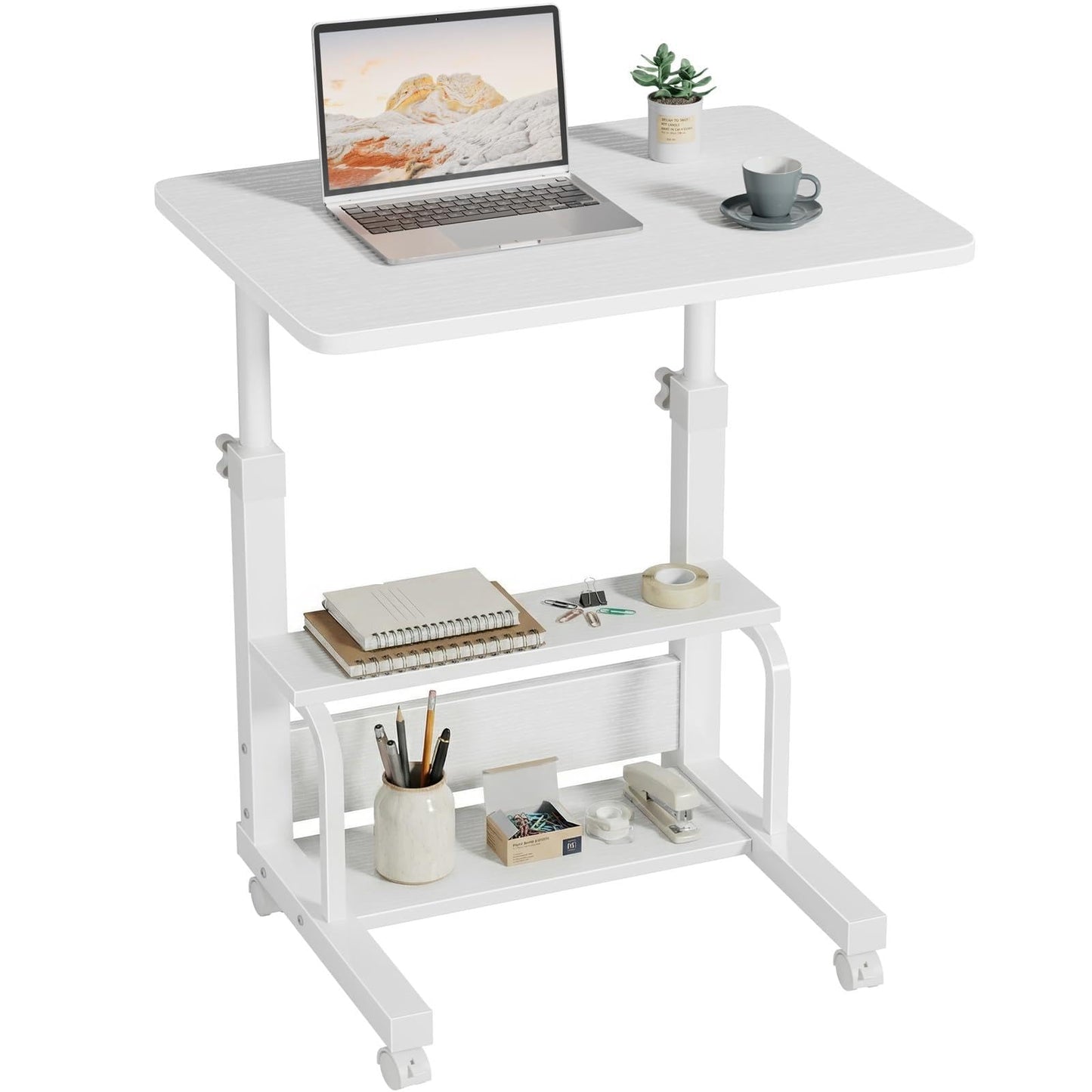 WINAZ Small Bedroom Laptop Rolling Desk - 24" White Mobile Kids Desk with Wheels for Small Spaces, Height Adjustable C Shaped Side Table with 2-Tier Storage Shelves