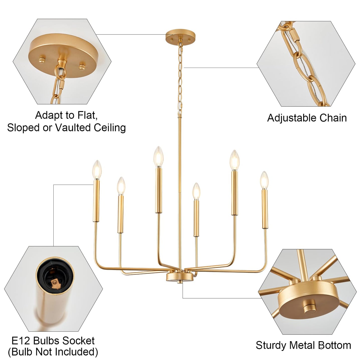 ONESMING Modern Gold Chandelier for Dining Room,Metal 6-Light Kitchen Light Fixtures,Farmhouse Candle Hanging Pendant Light for Living Room Entryway Foyer Bedroom (Bulb Not Included)