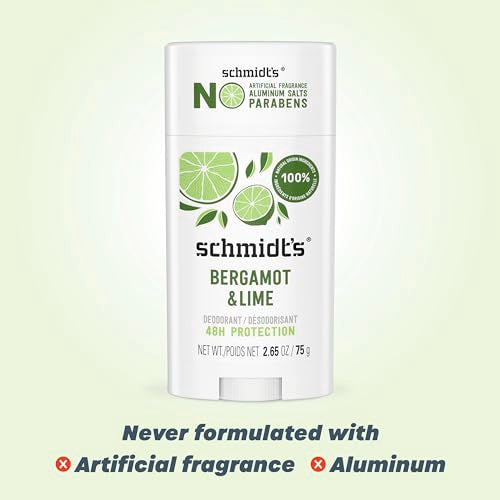 Schmidt's Aluminum-Free Vegan Deodorant Bergamot & Lime 4 Count for Women and Men, with 24 Hour Odor Protection, Natural Ingredients, Cruelty-Free, 2.65 oz