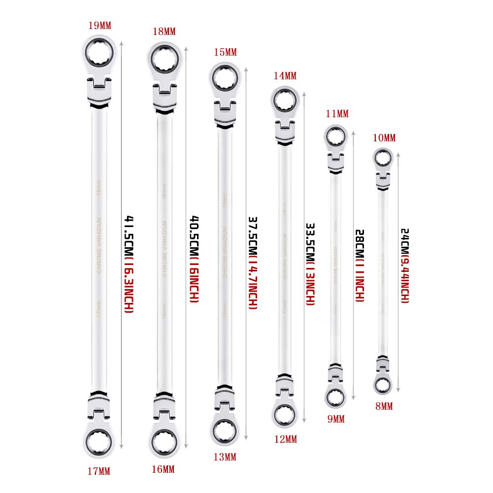 BULLTOOLS 6-Piece Flex-Head Extra Long Ratcheting Wrenches Double Box End Chrome Vanadium Steel 72-Tooth Wrench Set with Metric 8mm - 19mm