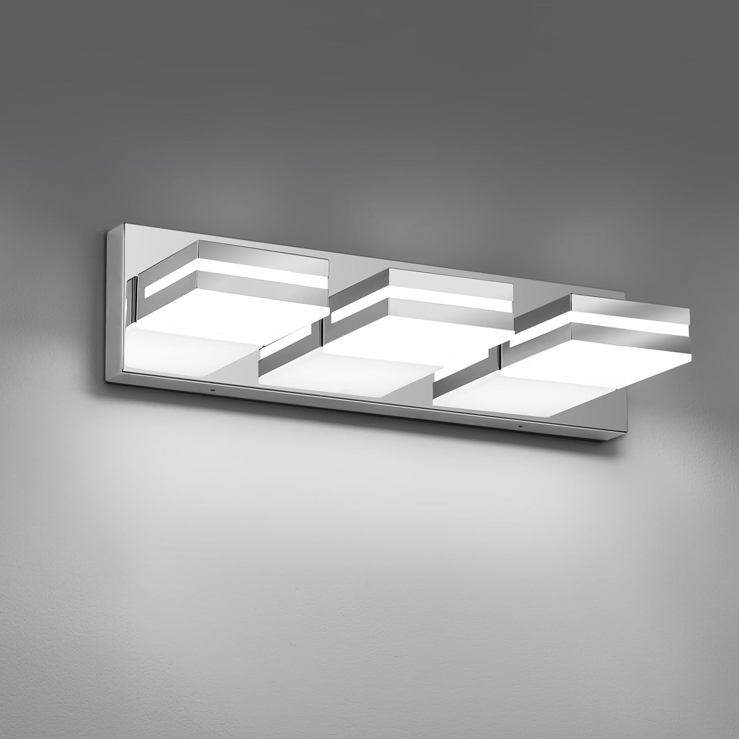 JZEKVN Modern LED Small Bathroom Lights Fixtures 3-Light,Stainless Steel Chrome Acrylic Wall Lighting,Vanity Lights for Bathroom Over Mirror 6000K 16in