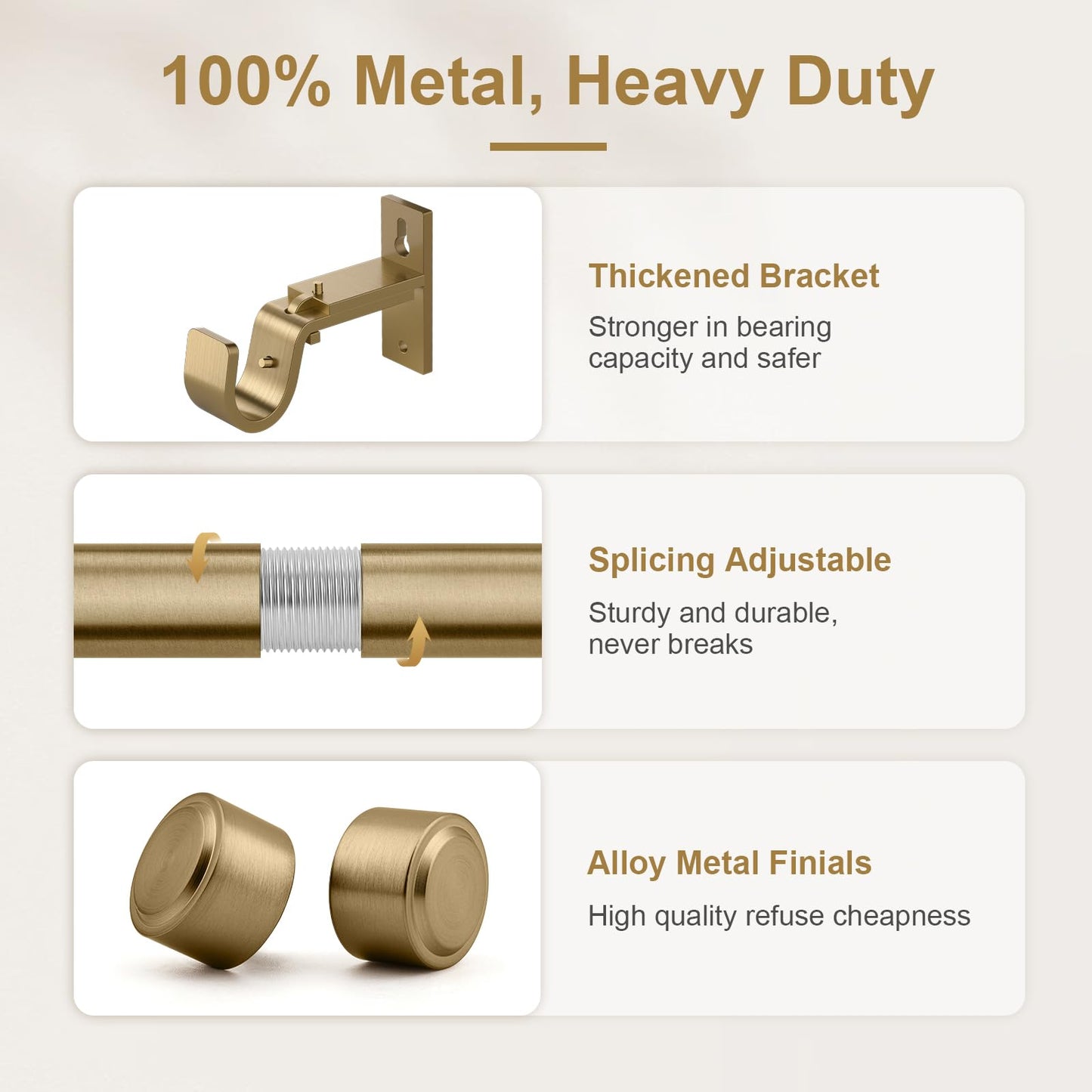 Warm Gold Brass Curtain Rod 36-144 Inches Adjustable, 1" Diameter Heavy Duty Window Rod with Solid Aluminum Finials & Heavy Duty Brackets for Bedroom Living Room Kitchen