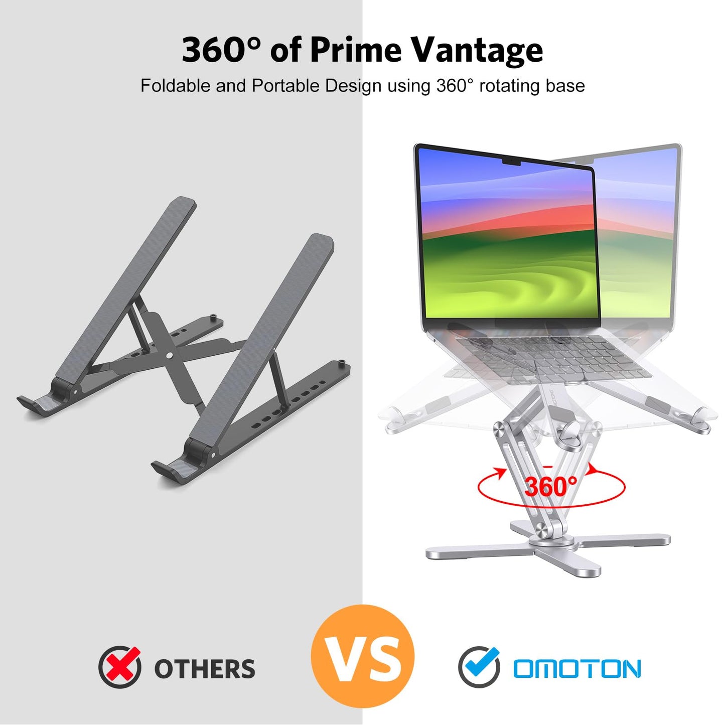 OMOTON 360 Rotating Laptop Stand Riser for Desk, Ergonomic Foldable Computer Stand Adjustable Height Angles for Collaborative Work, Easy Storage Fit Macbooks,All Laptops up to 16 inches, Silver