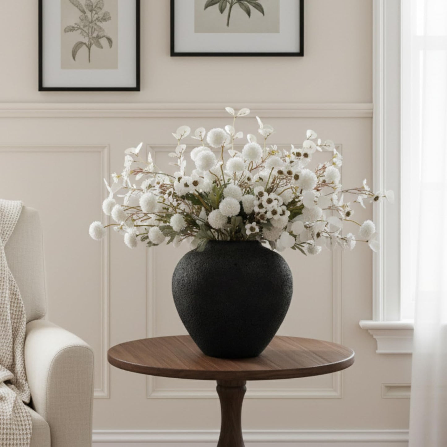 Black Large Round Vase Pottery Look for Home Decor, Arina Black Rustic Vase Modern Farmhouse, Console Table Decor, Earthy Textured Big Black Round Vases for Centerpieces, Jarrones Grandes